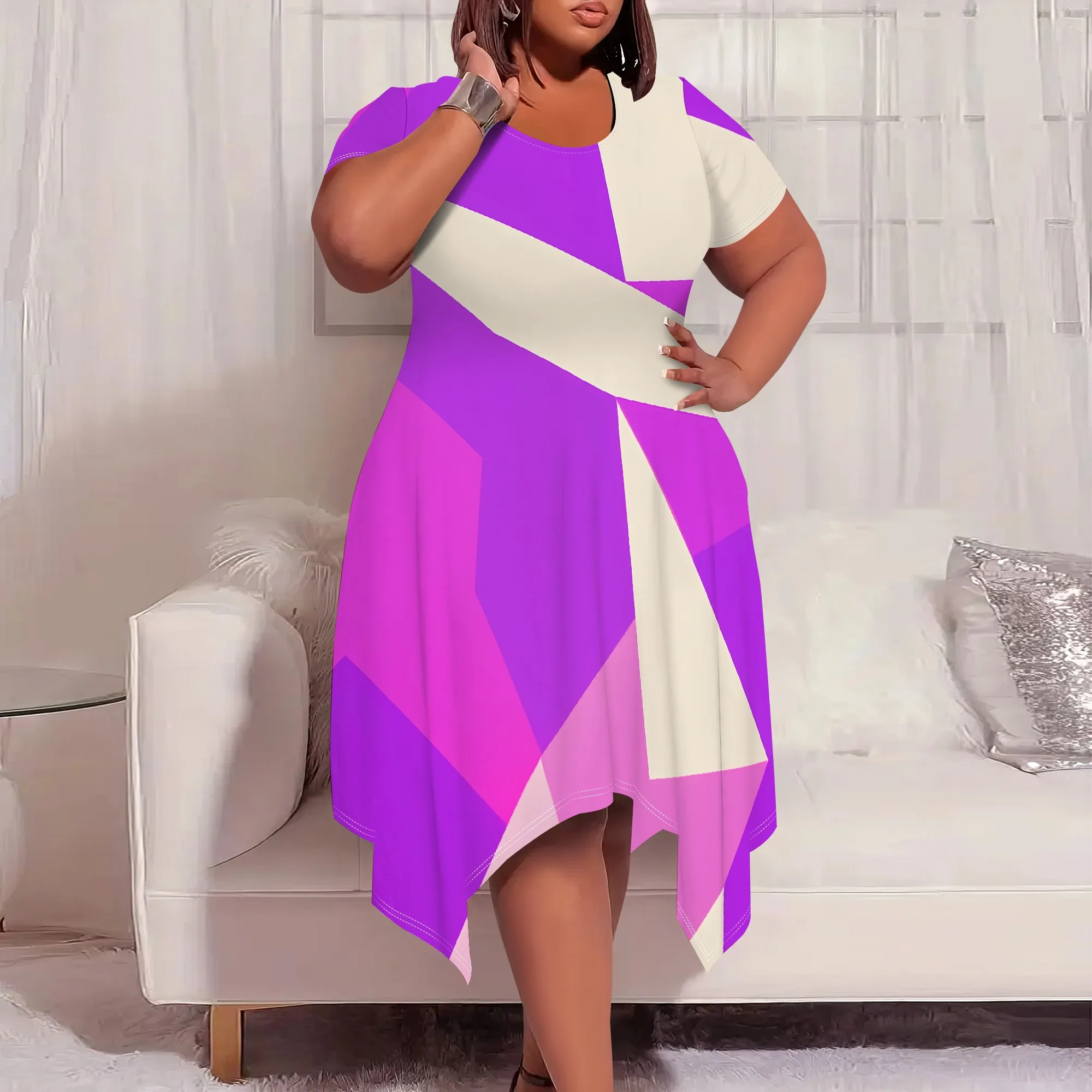 

Colorblock Geometric Print Plus Size Dress XL-6XL Short Sleeve Asymmetrical Hem for Spring Brunch, Streetwear or Art Fair Look