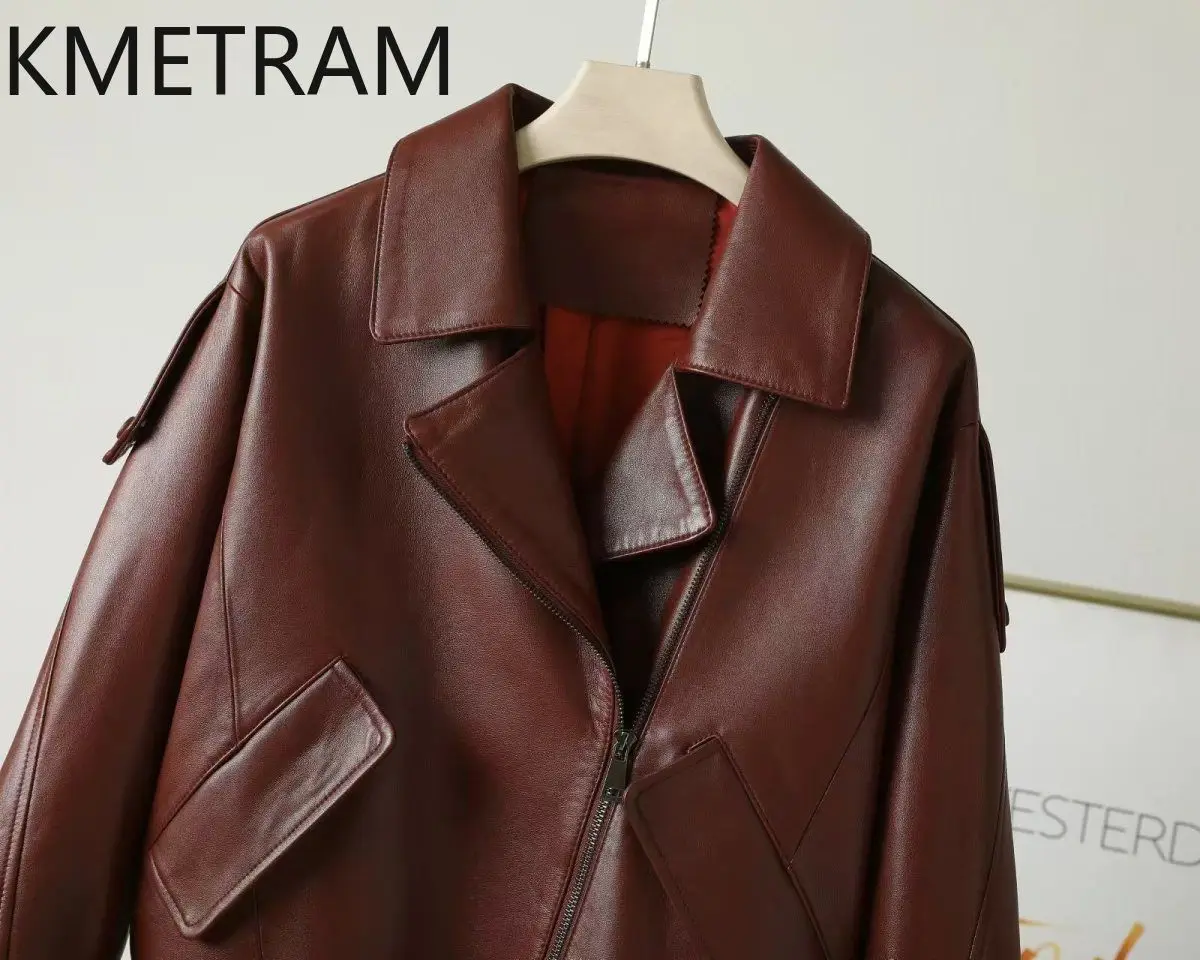 100% Sheepskin Real Leather Jacket Women Winter Clothes Motorcycle Burgundy Jackets Cropped Outerwears 2024 дубленка женская