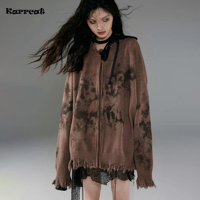 Karrcat Grunge Aesthetics Distressed Cardigans Vintage Graffiti Print Knitted Coat Wasteland Punk Broken Knitwears Harajuku Y2k