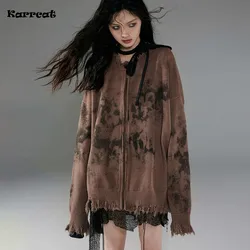 Karrcat Grunge Aesthetics Distressed Cardigans Vintage Graffiti Print Knitted Coat Wasteland Punk Broken Knitwears Harajuku Y2k