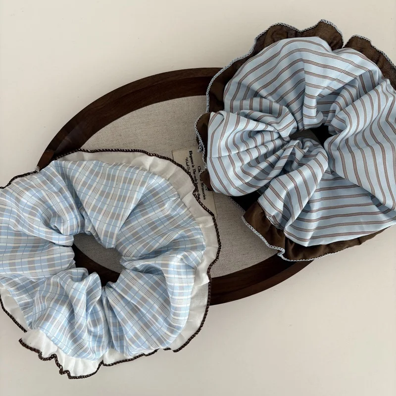 Super beautiful brown and blue color-blocked scrunchie with lace trim, large size hair tie for ponytail, hair accessory. view 2
