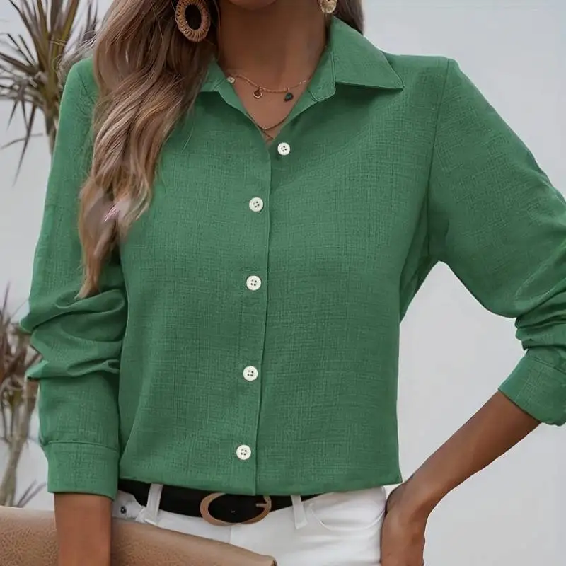 

New Women's Solid-Color Shirt with Lapel, Straight Button Placket, Long Sleeves, Elegant and Casual Style