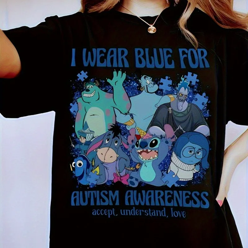 Koszulka damska Disney z motywem autyzmu, rozmiar L, czysta bawełna, nowa, codzienna moda uliczna dla kobiet i mężczyzn.