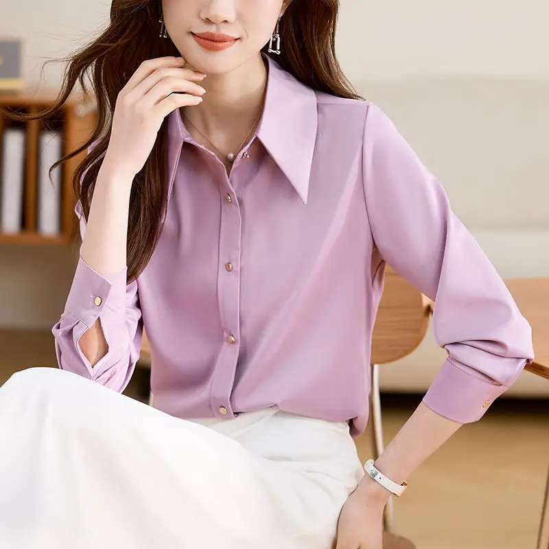 Spring Autumn Business Casual Interior Lapping Ladies Solid Color Women\'s Clothing Tops Office Lady Shirts Fashion New Blouses