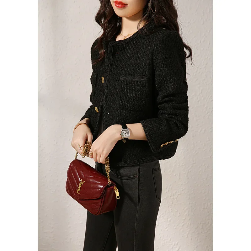 French Style Showing Temperament~ Metal Single-breasted Small Short Coat Autumn Women's Clothing Black Spring and Autumn Models