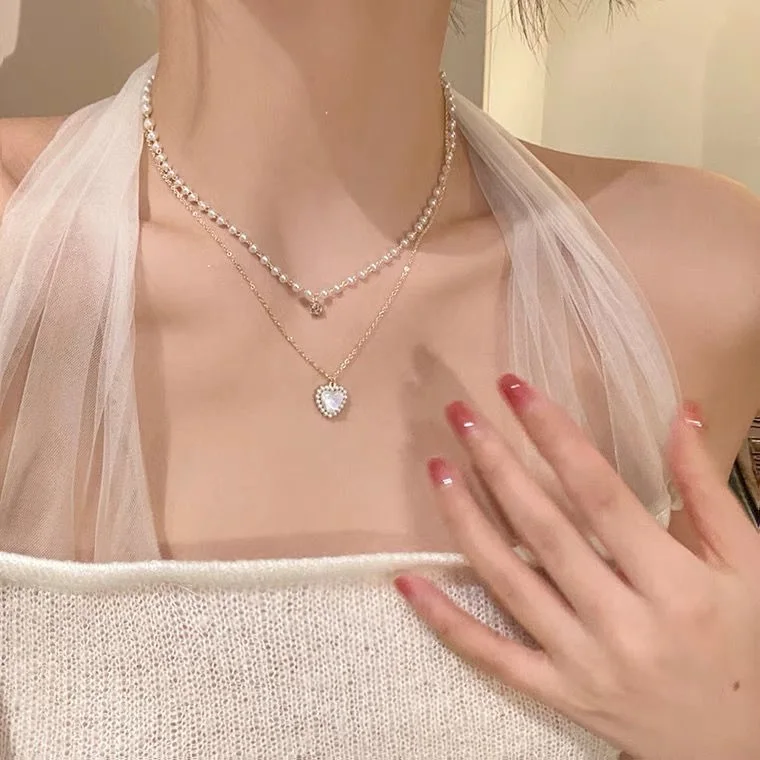 Fashion Cute Love Heart Shaped Pendant Necklace Pearl Chain Shiny Women 2023 Aesthetic Jewelry Choker Wedding Party Jewelry Gift