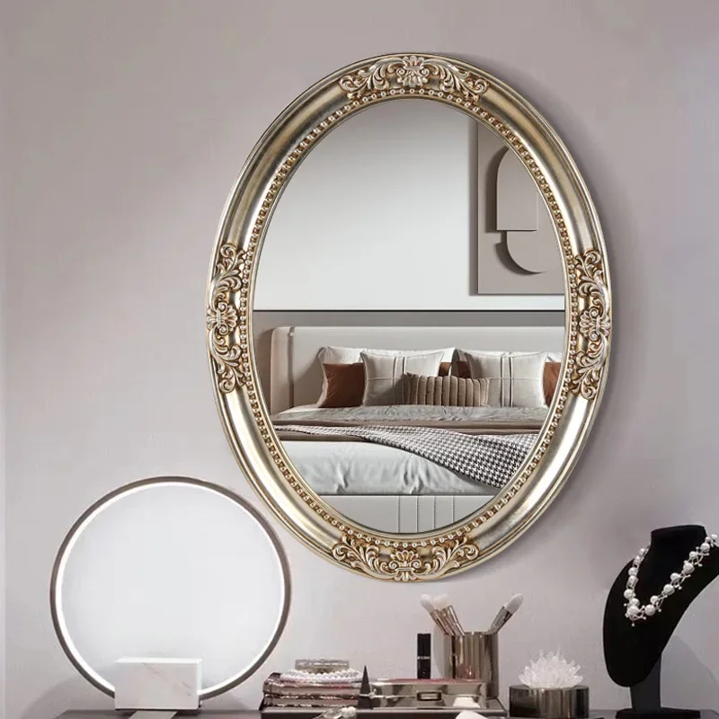 Hotel decoration European retro wall-mounted bathroom mirror non-resin oil painting photo frame decorative mirror oval bathroom