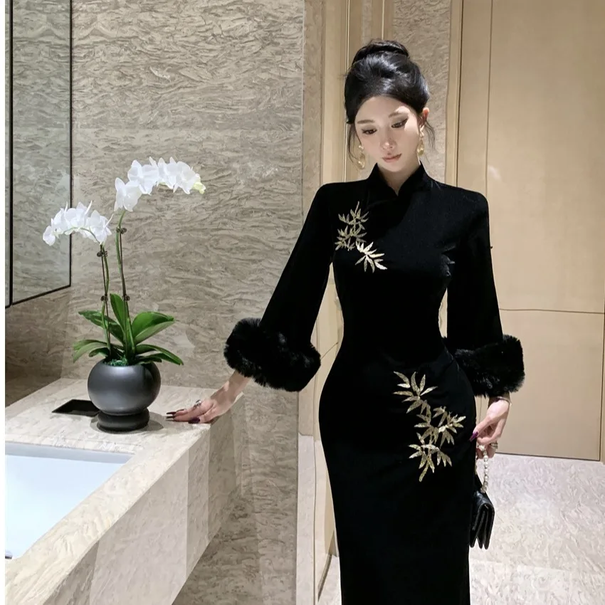 Ele Cappotto in velluto ricamato Sve Bell aped Dr Vita snellente Lungo Sve Midi Qipao Dr per giovani donne