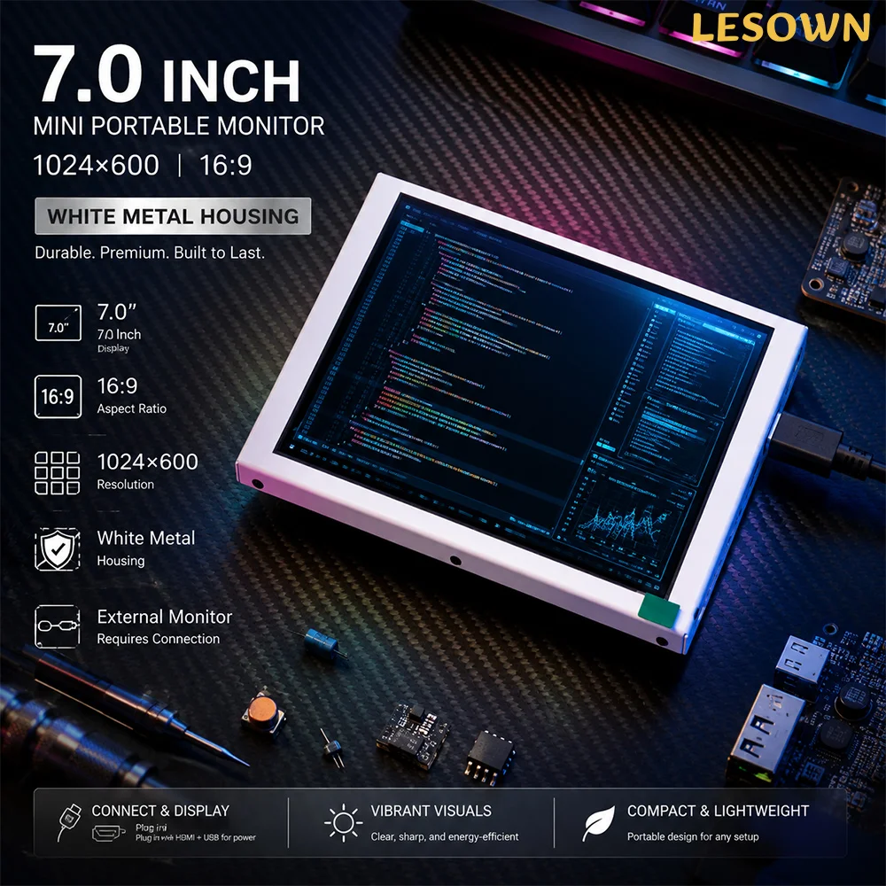 7 Inch IPS Portable Monitor 1024x600 White HDTV Display Ultra Thin High Brightness External Screen for Raspberry Pi 3D Printer