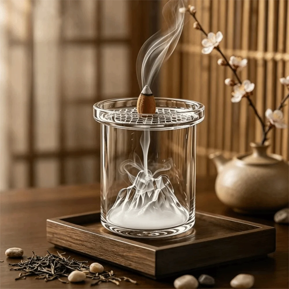 Vintage Glass Mountain Incense Burner Metal Incense Plate with Glass Ash Catcher Backflow Incense Burner Heat-resistant