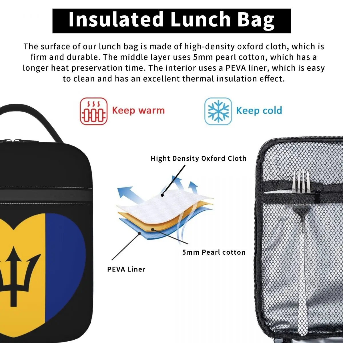 Barbadian Heart For Real Bajans Barbados Flag Insulated Lunch Bag for Women Children Leakproof Food Boxes Thermal Lunch Box Tote