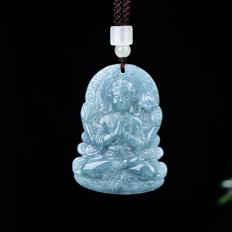 Jadeite Blue Water Four-Armed Guanyin Pendant Jade Ornament