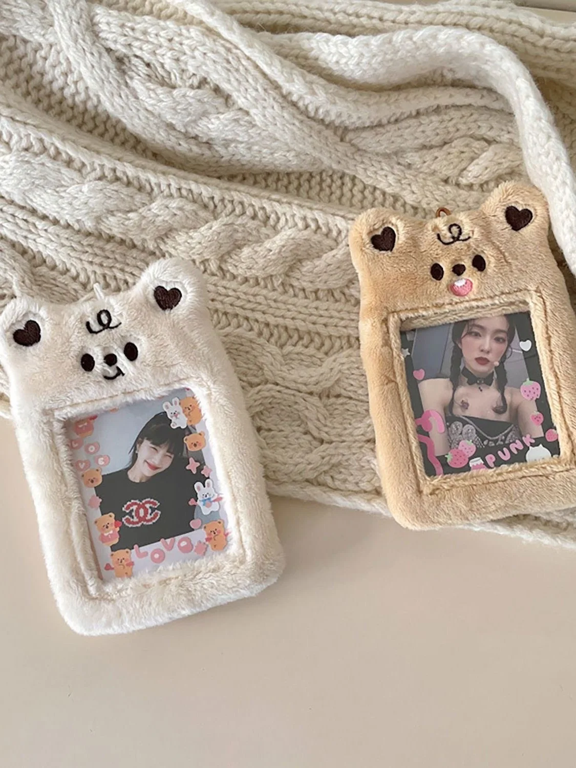 

Cute Plush Cartoon Bear Photo Sleeve ID Bank Credit Card Holder Protector Photocard Holder with Keychain Business Card Holder