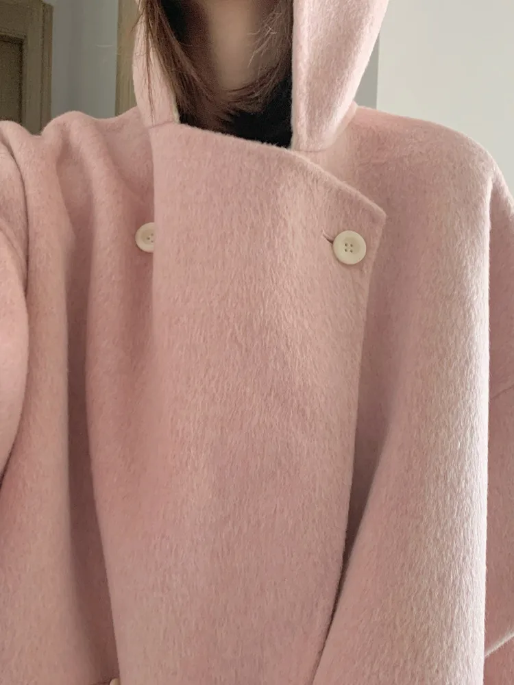 

Fretaro Double-breasted Hooded Double-sided Woolen Coat Medium-length Women's Winter New Sle Casual Sle Thiened