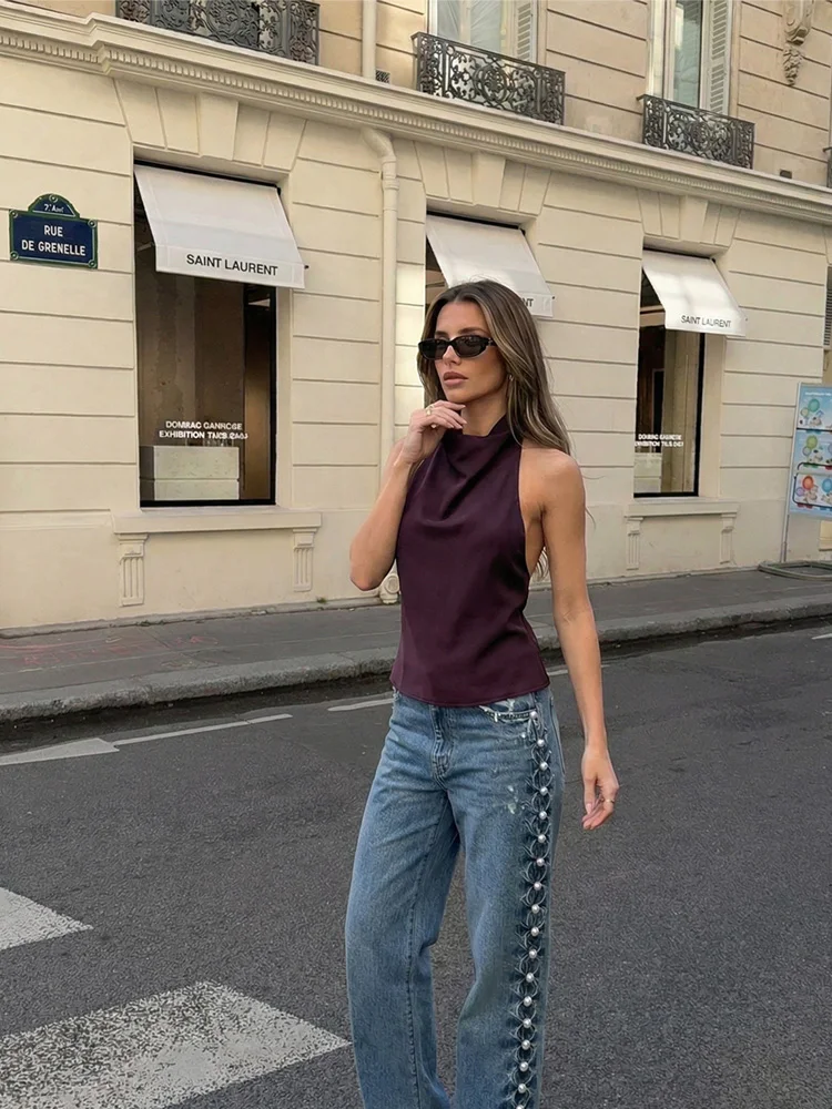 HH Halter Satin Tops for Women Fashion Sleeveless Backless Sexy Vintage Summer 2026 New Brown Pink Party Vacation Chic Tops
