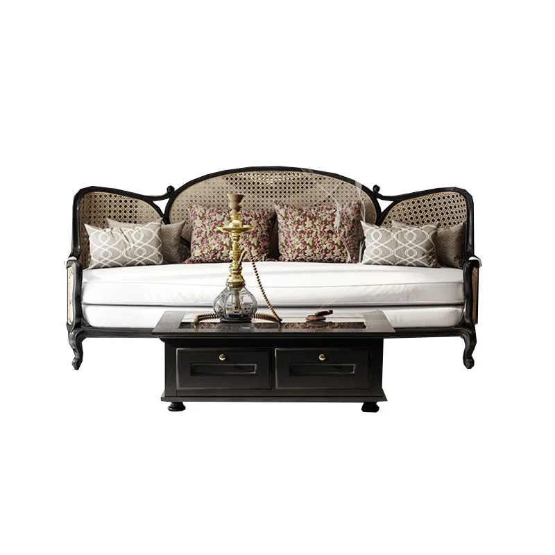 Villa solid wood rattan sofa coffee table combination log carving furniture