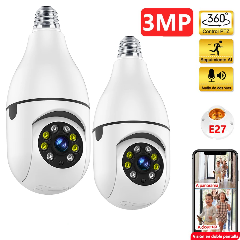 2K 3MP WiFi Bulb Camera 360° View PTZ CCTV Indoor Video Monitor Security-Protection PTZ Floodlight  Bulb Light Camera