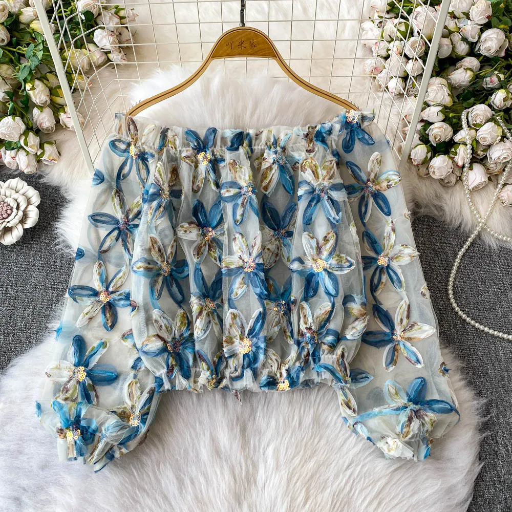 

Exquisite Sequin Floral Women Off Shoulder Shirts Summer Thin Mesh Long Sleeve Loose Pullovers Lady Fashion Tops