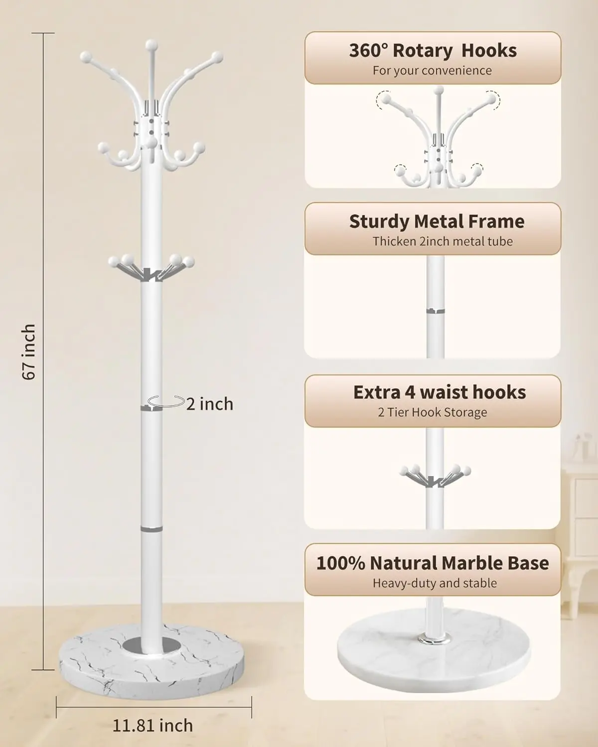 Metal Coat Rack with Natural Marble Base,360°Rotary Coat Rack Stand with 14 Hooks,Modern Freestanging Coat Racks,White