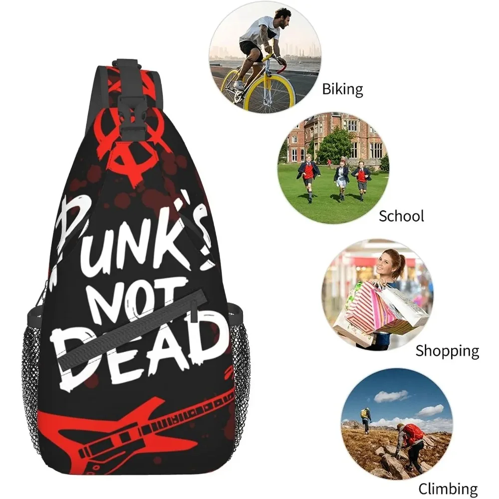 Cool Sling Backpack Crossbody Shoulder Bag Punk Rock Set Skull Punks Not Dead Words Red Black Bag Durable Travel Hiking Daypack