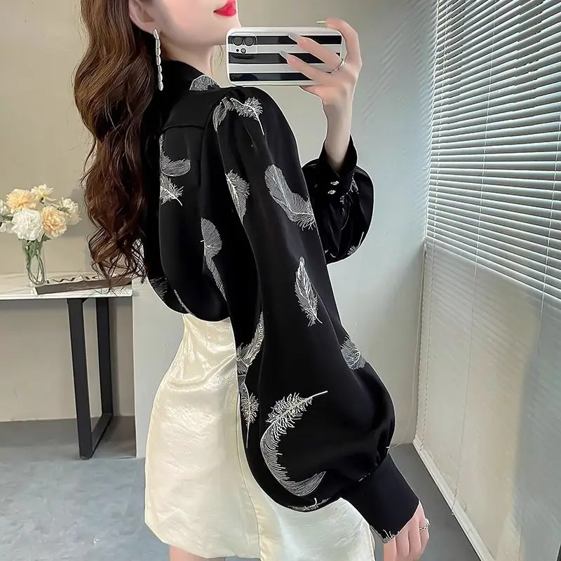 Fashionable Spring Autumn New Blouses Simplicity Commute Polo Collar Feather Printed Button Loose Lantern Sleeve Women\'s Shirts