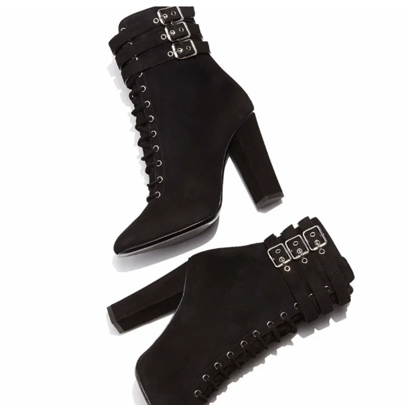 

Multiple Belt Buckle Straps Women Ankle Boots Black Suede Cloth Round Toe Lace Up Chunky Heels Booties Plus Size 45