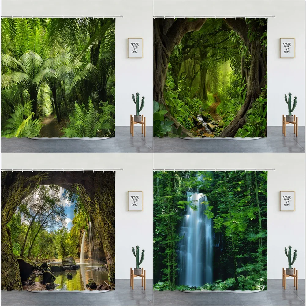 Luxury Bathroom Decor Screen with Hooks, Tropical Rainforest Landscape Shower Curtains, Waterfall, Beautiful Natural Scenery