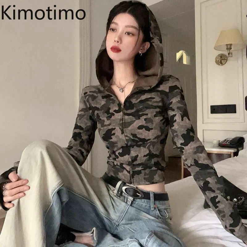 

Kimotimo Spicy Girl Camouflage Long Sleeve Hooded Jacket Autumn Chic Slim Fit Zipper Short Tops Vintage Street Print Y2k Coats