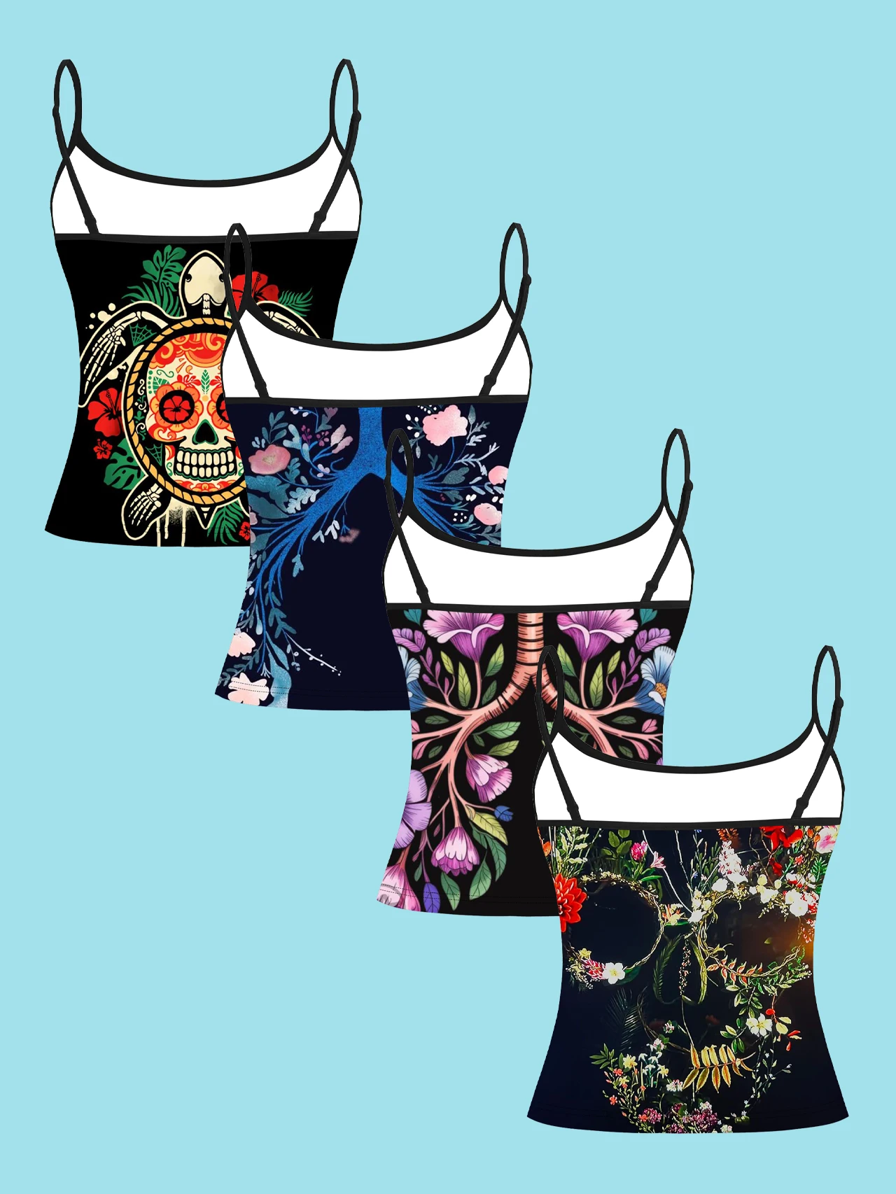 4-Piece Set of Artistic Style Women's Camisoles with Turtle, Sugar Skull, Tree of Life, Lung, Floral, and Skull Prints, Slim-Fit Spaghetti Strap Short Camisole Tops
