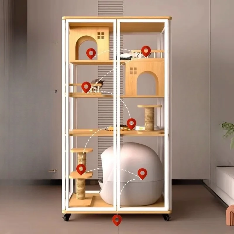 

solid wood panoramic cat villa can put cat litter box household indoor