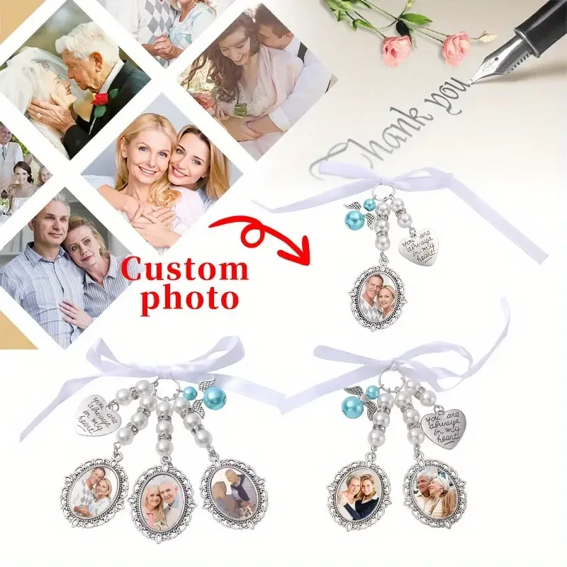 Personalised Printed Images 3 Oval Pearl Tags Wedding Accessories Bouquet Charms Keychains Wedding Souvenir Decorations