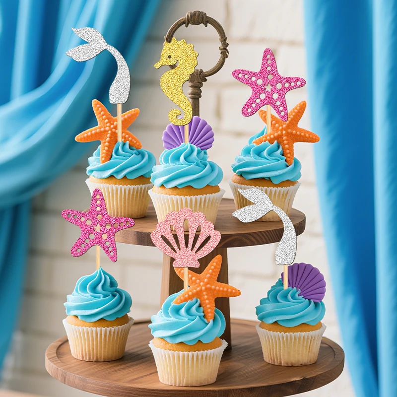 NUBECOM 24 Stück Meerjungfrau-Kuchenaufsätze für Pool- und Strandpartys, Cupcake-Topper, glitzernde Muschel, Seepferdchen, Seestern, Meerjungfrauenschwanz-Kuchen-Picks – Detail 12
