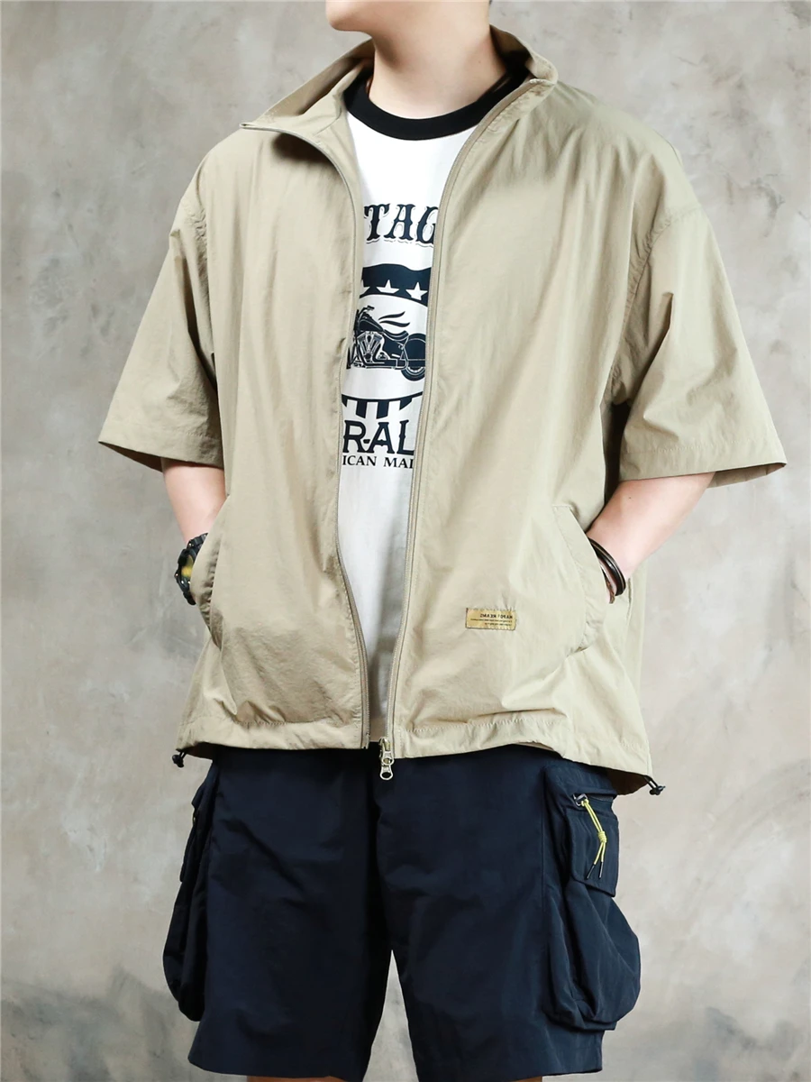 

Мужская летняя модная ретро-куртка-ветровка в японском стиле, водонепроницаемая, на молнии, свободного кроя, с воротником-стойкой