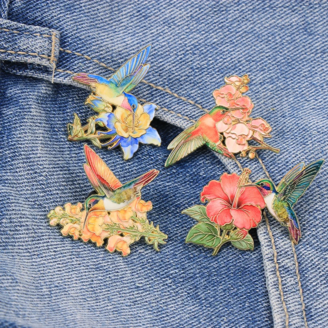 Assorted Vibrant Hummingbird & Floral Enamel Pin Set, Delicate Gold Trim Bird Brooches, Colorful Botanical Metal Badges Jackets view 2