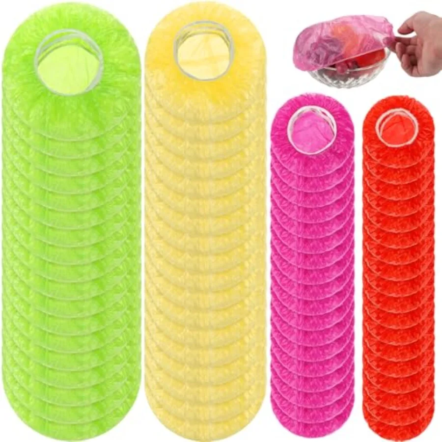 

Boao 100 Pcs Reusable Bowl Covers 4 Size Plastic Color Elastic Wrap for Food Storage Fresh Keeping Food Bowl Cover Lid for Dish