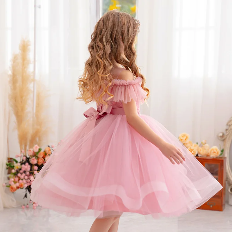 Pink girls party dress Princess puffy yarn performance birthday host high-end piano performance dresses