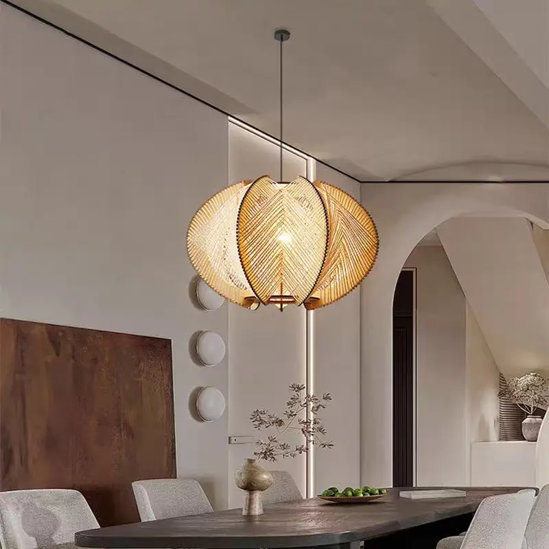 

Japanese Solid wooden pendant light Hand-knitted Hemp Rope light Restaurant Bedroom Living Room dinging hall wabi sabi lighting