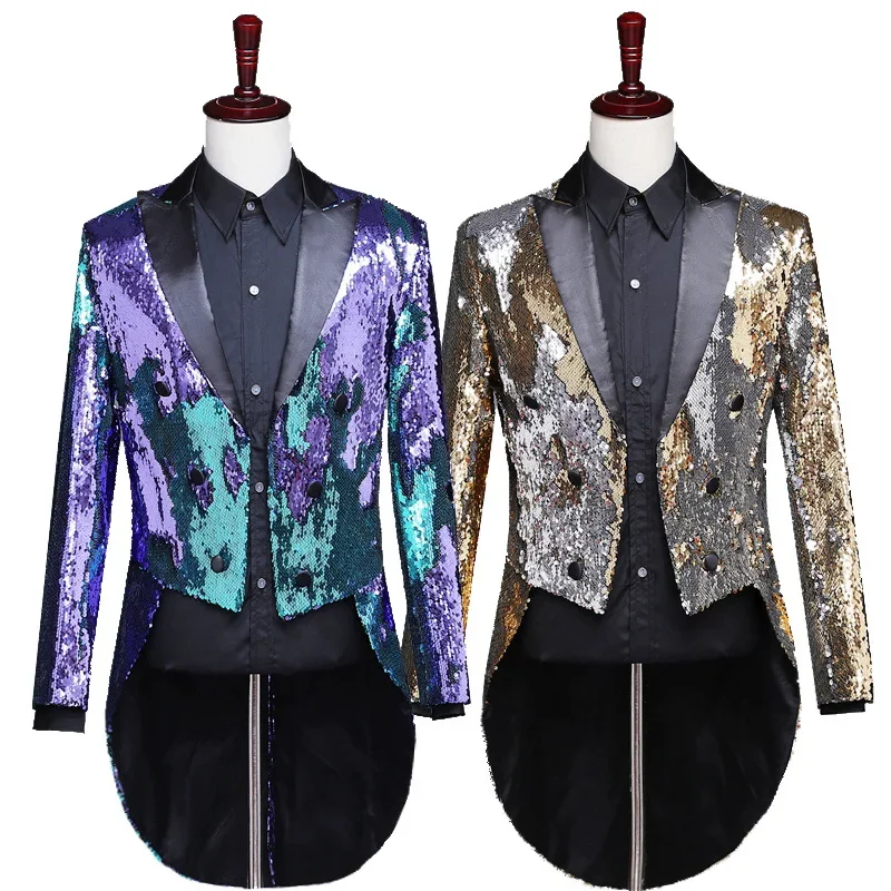 Men's Varicolored Sequin Turn-Down Collar Top Swallow-tailed Coat Swallowtail Magic Command Stage Singer Host Victorian Costume