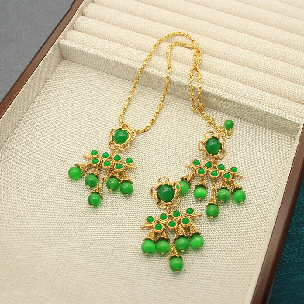 

Винтажные ювелирные изделия, серьги с камнями «кошачий глаз», комплект ожерелья, медные позолоченные высококачественные ювелирные изделия длиной до плеч