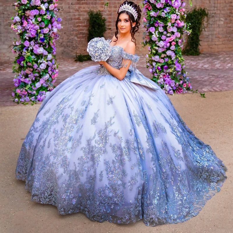 Aangepaste lichtblauwe quinceanera jurken baljurk off-shoulder pailletten applicaties kant kralen tule strik sweet 16-jurk vestidos 15