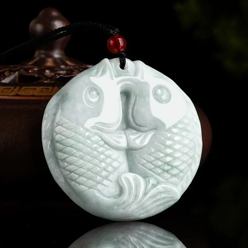 Natural Green Chinese Jade Fish Pendant Pisces Necklace Charm Jadeite Jewelry Carved Amulet Fashion Accessories Gifts