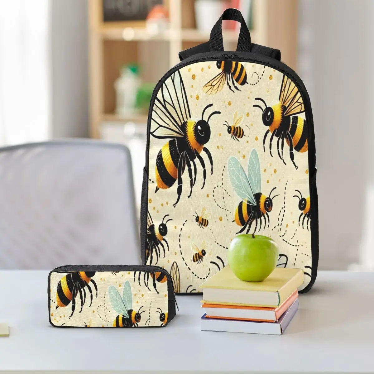 Bees And Flight Trajectory Pattern Backpack Student BookBag School Bag Shoulder Bags 3ps Insulated Lunch Bag Pencil Case