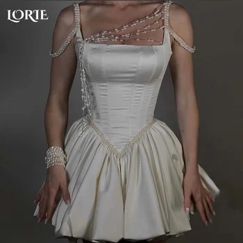 LORIE krótka suknia ślubna linia A Spaghetti pasek perłowy V gorset kwadratowy dekolt suknia ślubna księżniczka aplikacja suknia dla panny młodej dostosowane