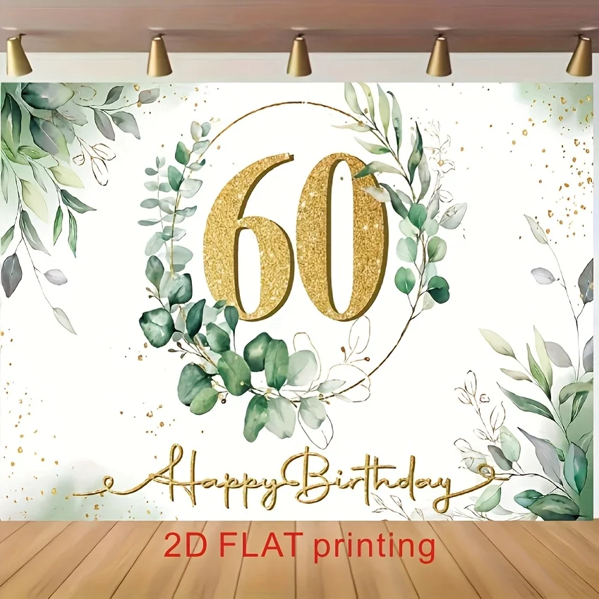 2D-Flachbanner, 1 Stück Hintergrundstoff für einen glücklichen 60. Geburtstag, grünes Pflanzen-Runddesign, Geburtstagsparty-Dekoration