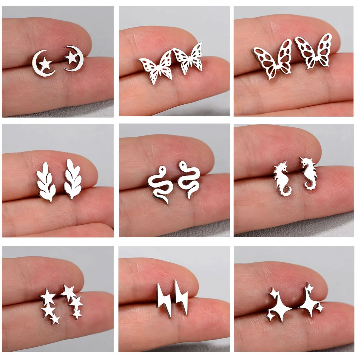 Fashion Stainless Steel Small Studs Earring Gold/Silver Color Star Moon Butterfly Leaf Earring for Women Men Hip Hop Ear Jewelry