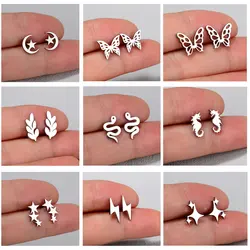 Fashion Stainless Steel Small Studs Earring Gold/Silver Color Star Moon Butterfly Leaf Earring for Women Men Hip Hop Ear Jewelry