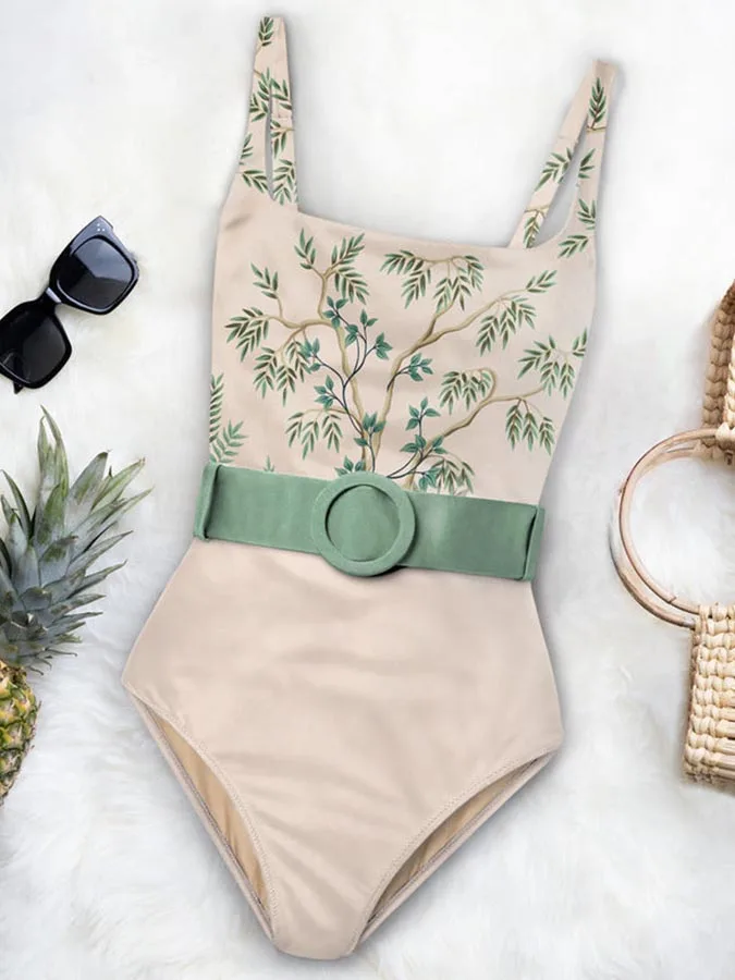 Fashion Light Beige Leaf Print One Piece Bikini Swimsuit Green Belt Decoration Low Neck Sexy Women\'s Swimwear