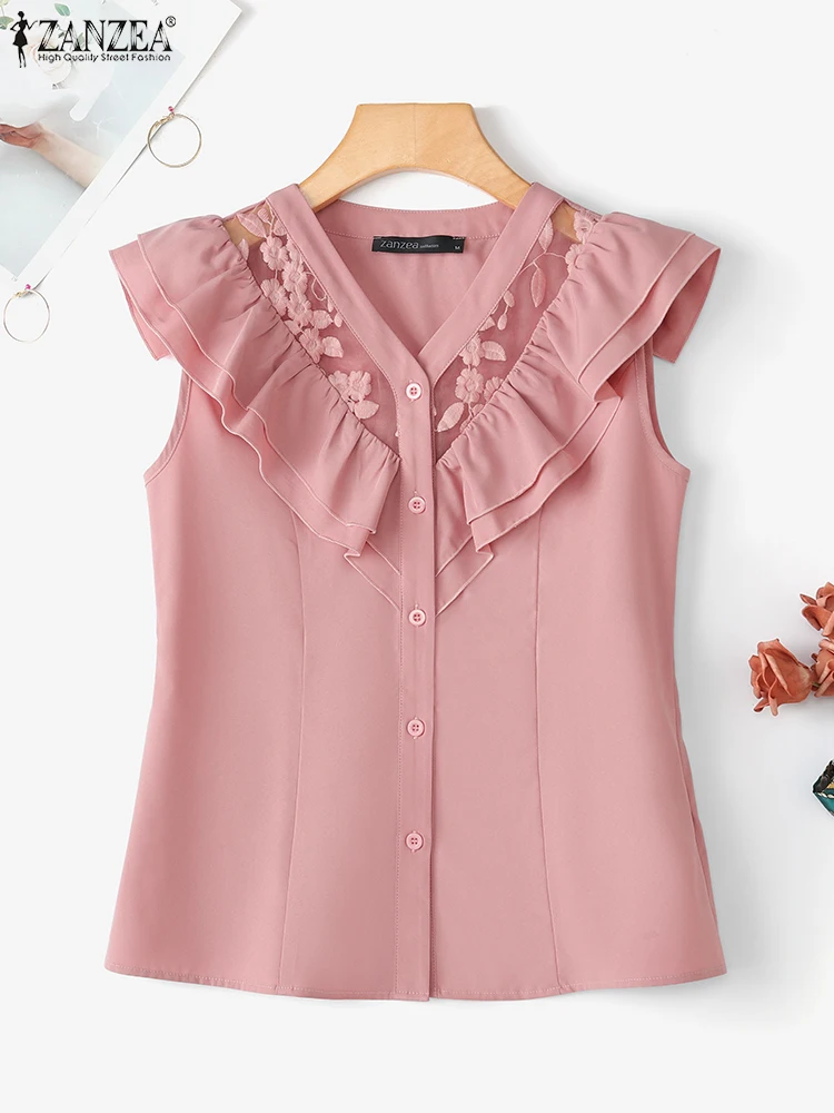

ZANZEA 2022, женские официальные рубашки, летние топы, модные однотонные повседневные блузки с коротким рукавом и v-образным вырезом, элегантные офисные женские блузки OL Blusas