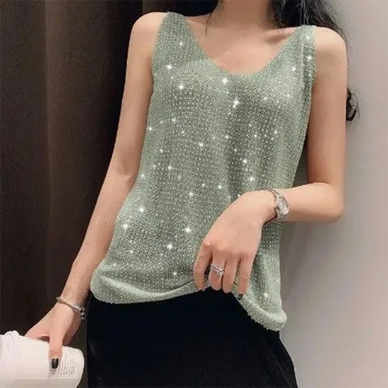 Summer Women's Ice Silk Diamond Camisole  Loose Sleeveless V-neck Bottoming Shirt Tank Crop Tops