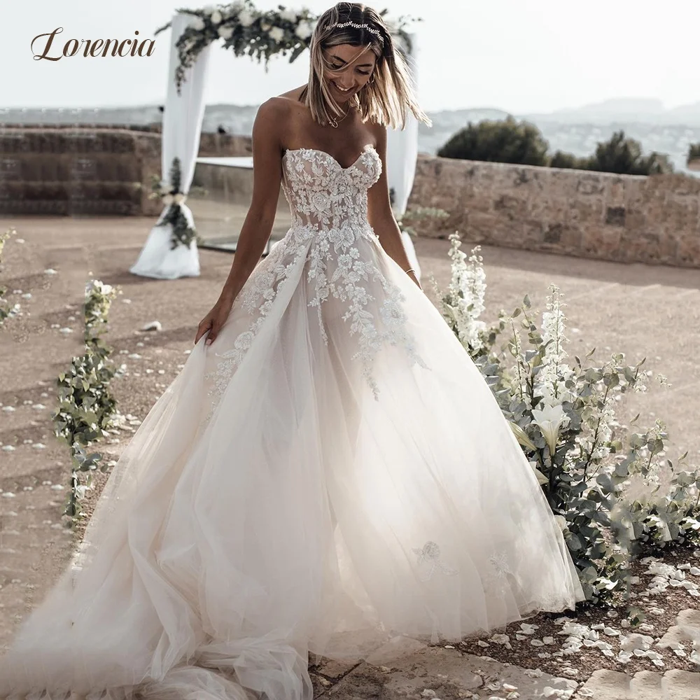 Lorencia Sweetheart Princess Wedding Dresses Sleeveless Floral Appliqued Tulle A-Line Beach Bridal Gowns Customized